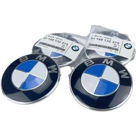 Lot de 2 emblèmes de capot et coffre BMW de rechange 82 mm + 74 mm – Pour tous modèles BMW E30 E36 E46 E34 E39 E60 E65 E38 X3 X5 X6 3 4 5 6 7 8 (1/3)