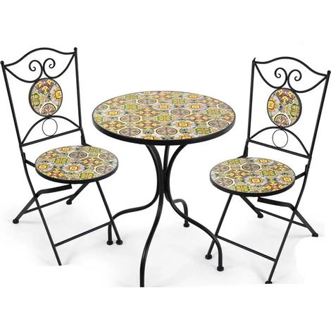 Set de table et 2 chaises pliantes en métal avec inserts en mosaïque, 60 x 70 cm et Ø38 x 90 cm