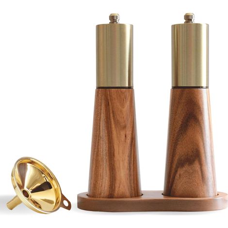 Set macina sale e pepe dorato con base in legno - Imbuto dorato in omaggio - Macina sale e pepe manuale in acciaio inox - Spessore regolabile - Macina pepe (1/4)