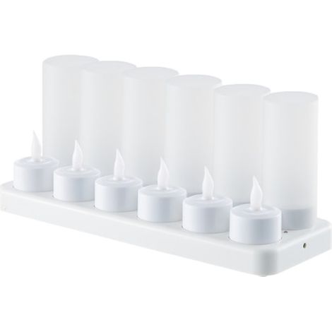 Bougies sans flamme - 12 bougies chauffe-plat LED rechargeables à effet vacillant + 12 coupelles givrées - Base de chargement incluse, piles non requises (1/5)
