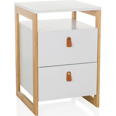 hjh LIVING Comodino con 2 cassetti TAROLO III Tavolino con ripiano aperto, maniglia in similpelle, mobile con struttura in bambù, bianco (1/5)