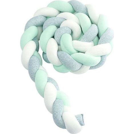 Tour de lit bébé serpent tressé 1M – Protection velours pare-choc – Décoration chambre nouveau-nés – Couleur vert menthe blanc grisâtre (1/4)