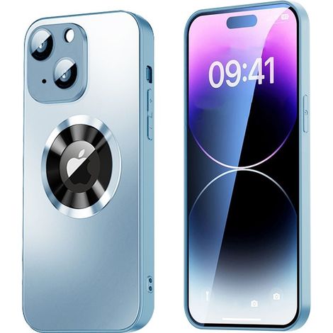 Magnetic Cover iPhone 15 Plus con protección de lente y vista del logo - Azul