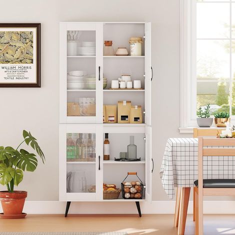 GOPLUS Buffet Haut Cuisine Salle a Manger, Armoire de Cuisine avec Portes Cannelées & Étagère Réglable, Placard Haute Moderne pour Salon, 80X40X178,5 CM (Blanc) (1/5)
