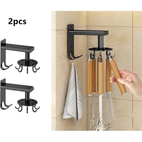 2 crochets de cuisine pivotants, crochets de rangement pour ustensiles de cuisine sans trou, crochets en aluminium Space, noir (1/4)