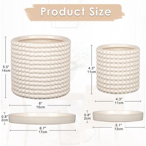 2er-Set Keramik Blumentöpfe 15/11 cm mit Abflussloch, Perlendesign, Weiß (1/5)