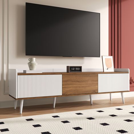Armoire TV placard de base trois portes conception compacte,finition blanc et bois naturel H49,5/L160/D39 cm.