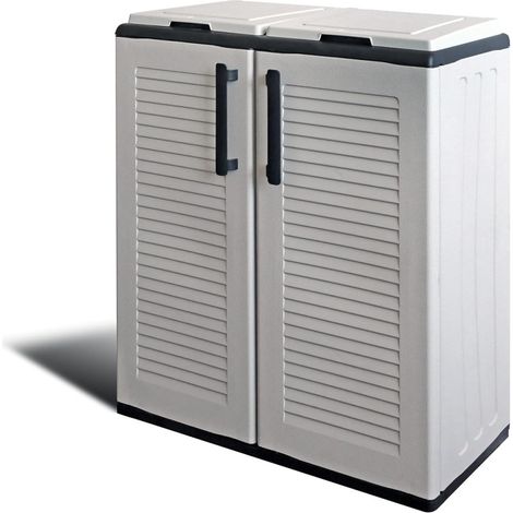 Cache Poubelles de tri Selectif 2 Sacs - Armoire Recyclage 68 x 37 x 90 cm Gris Clair 2 Portes 4 pieds ART PLAST