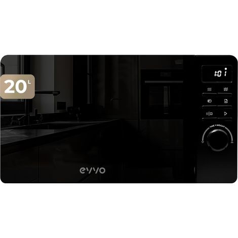 EVVO Microondas M20 Black, 20L de Capacidad, Grill 800W, Puerta Efecto Espejo, Multifunción, Función Descongelar, Temporizador 60 Minutos,Display Digital (Acabado Negro)