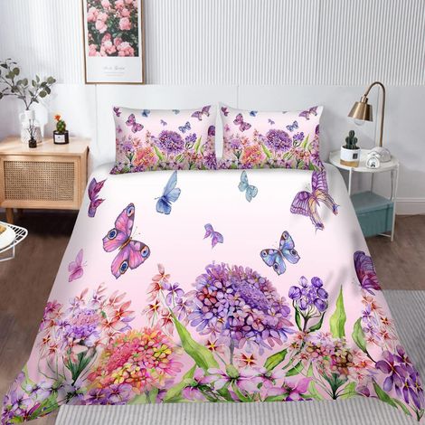 Bettwäsche-Set 3-teilig mit Blumen- und Schmetterlingsmotiv, Mikrofaser, 200x200 cm