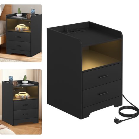 Wolketon Comodino con luce LED, tavolino da letto moderno per camera da letto, comodino con ripiano portaoggetti Nero (1/5)