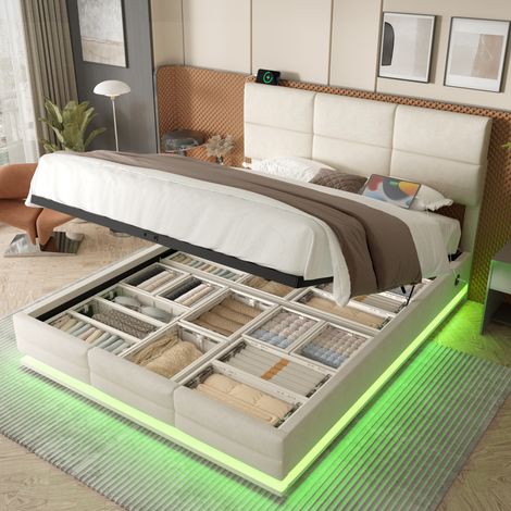 REDOM cama con almacenaje 182x206x115 cm, cabecero ajustable, LED regulable y USB, terciopelo beige (1/5)