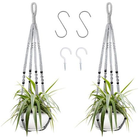 Suspension pour plantes d'intérieur en corde de coton grise, 98 cm, avec perles en bois, pour décoration intérieure, sans crochets, 2 paires (1/5)