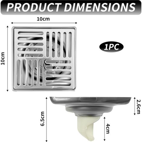 Déboucheur de Sol en Acier Inoxydable Épais Anti-Odeur pour Salle de Bain, Douche, Cuisine, etc. avec Couvercle Amovible (100 x 100 mm, Argent) (1/4)