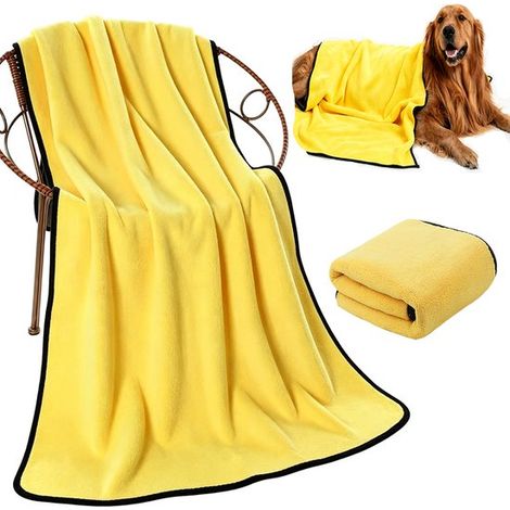 Serviette pour animaux – Serviettes pour animaux – Serviette pour chien à séchage rapide – Serviette ultra-absorbante pour animaux – Polaire corail – 140 cm x 70 cm – Jaune et gris – Convient pour séc (1/5)