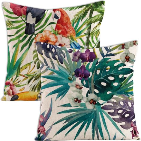 Ensemble de 2 housses de coussin décoratives à motifs floraux tropicaux, palmiers, feuilles et perroquets. Dimensions standard carrées : 45,7 x 45,7 cm (18 x 18 pouces). (1/5)