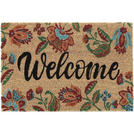 Relaxdays Felpudo Fibra de Coco, Flores, Mensaje Welcome, 40 x 60 cm, Interior y Exterior, Antideslizante, Multicolor