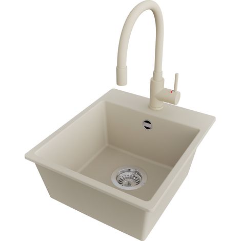 PRIMAGRAN Evier Cuisine en Granit 38x44cm,Lavabo 1 bac + Robinet 38x14cm + Kit de Vidage, Évier à Encastrer au meuble 40cm - Riga Easy, Beige (1/5)