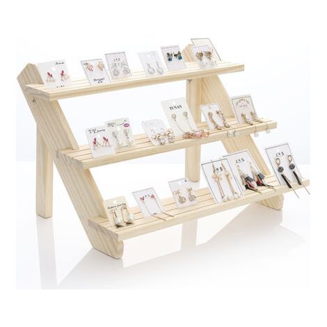 QORVA-3 Niveaux Présentoir en Bois, Porte-Boucles D'Oreilles et Porte-Bague Détachable en Bois Non Fini Présentoir Carte Bijoux avec Rainure pour Détail Présentoir Bijoux Collections Figurines (1/5)