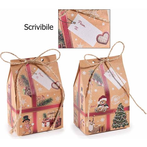 Boîtes de Noël en papier en forme de paquet cadeau, nœud en ficelle et étiquette à écrire, lot de 72, 7 x 5 x H. 10,5 cm