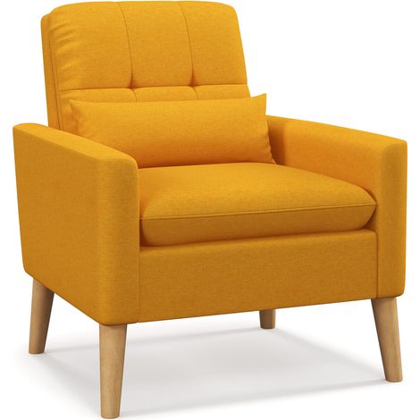 COSTWAY Mid-century Modern Accent Chair Linen Fabric Reading Armchair w/Lumbar Pillow (1/5)