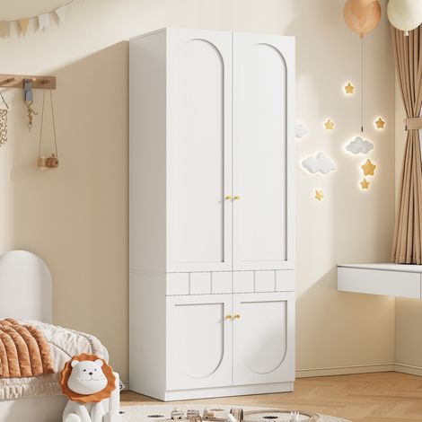 Armoire blanche laquée 2 portes 80×50×200cm penderie tiroirs poignées métal meuble de rangement pour chambre à coucher (1/5)