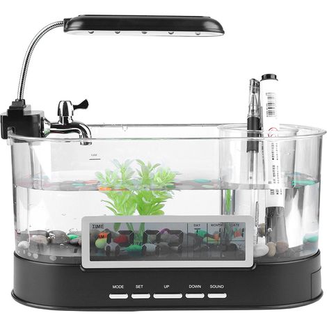 Aquarium Mini Multifonction USB Rechargeable avec Horloge LCD Lumière LED Noir 26.5cm Design Élégant et Pratique (1/5)