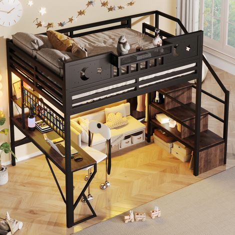 Lit mezzanine 140x200cm avec bureau,panneau perforé,étagères, LED Lit enfant avec USB et escalier de rangement en métal et MDF,noir (1/5)
