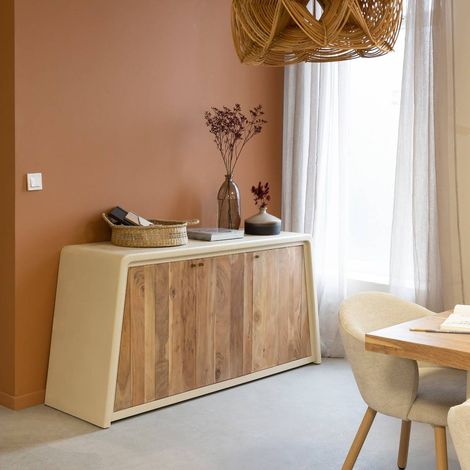 Made In Meubles – Buffet 3 portes en bois d'acacia – Structure MDF effet béton – Dimensions 80x170x50cm – Grand espace de rangement (1/5)