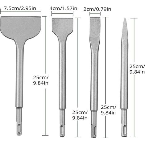 Ensemble de 4 burins à béton, ensemble de forets pour marteau perforateur, comprenant un burin pointu, un burin plat de 20 mm, 40 mm et 75 mm (1/5)