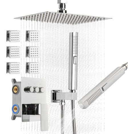 Ensemble de douchette pluie 254 mm à fixer au plafond, système complet avec 6 jets corporels et pommeau 2 en 1, tête de pluie rotative 3 fonctions, mitigeur en laiton et kit de finition, chrome (1/5)