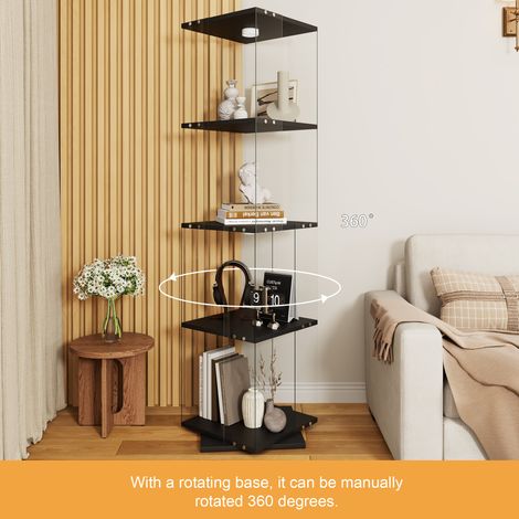 Colonne vitrine rotative en verre trempé avec lampe LED tactile, meuble de rangement 4 niveaux 38 × 38 × 160 cm, noir, pour objets de collection (1/5)