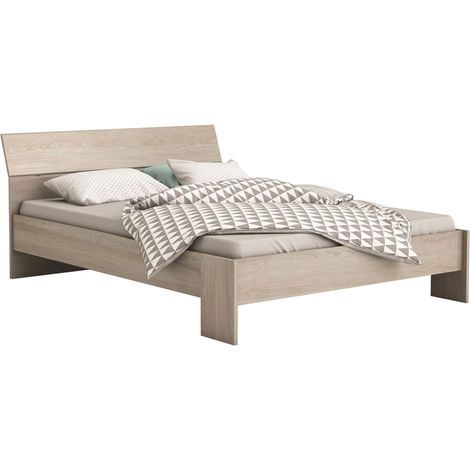 Pegane – Lit adulte en bois chêne shannon 140x190/200 cm – Panneaux de particules 18 mm – Tête de lit inclinée – Sommier non inclus (1/3)