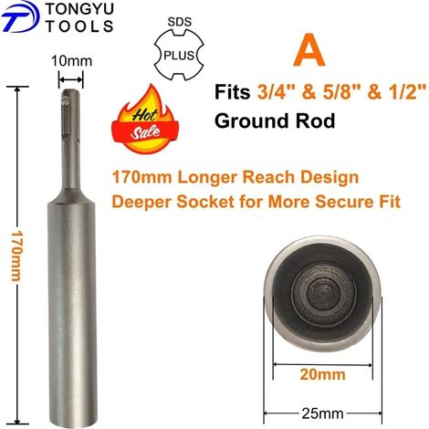 Embout de vissage SDS Plus (20 x 170 mm) pour piquet de terre de 3/4, 5/8 et 1/2 pouce, outil d'installation pour marteau perforateur (1/5)