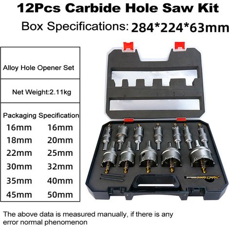Kit de 12 scies cloches carbure pour métaux acier inoxydable fer cuivre 16-50mm avec forets et clé hexagonale (1/5)