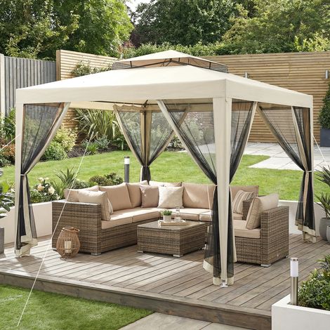 Tente jardin 3x3 Beige m gazebo 4 moustiquaires latérales double toit 8 trous drainage cadre métal