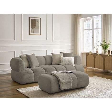 BOBOCHIC - Canapé droit fixe 3 places PAMIRA tissu bouclette avec pouf Taupe (1/5)