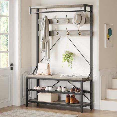Porte manteau,Vestiaire d’entrée, avec 8 Crochets , Banc et Étagère à Chaussures, 100 x 40 x 183 cm, Cadre en métal, Style Industriel,Gris (1/5)
