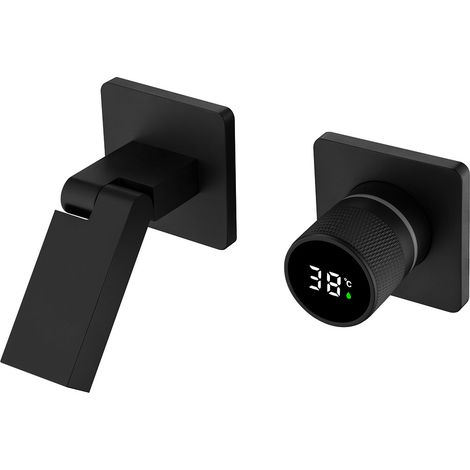 Robinet Noir De Salle De Bain Avec Affichage Numérique LED, Robinet Lavabo Mural Pliable À 180° Mitigeur De Lavabo Robinets Cascade De Baignoire Avec L’Eau Froide & Chaude