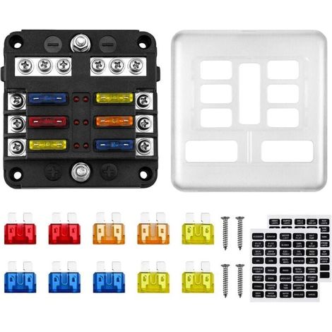 Scatola portafusibili a 6 vie 12V ATO 32V 100A con 10 fusibili, 6 indicatori LED, coperchio protettivo e 2 adesivi per auto, barca, camper. (1/5)