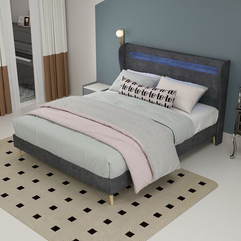 Letto Matrimoniale Imbottito 140x200 cm, Basso, con Testiera LED Integrata , in Metallo, Grigio (Senza Materasso) (1/5)