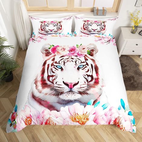 Housse de Couette 200x200 cm avec 2 Taies d'oreiller 65x65 cm - Parure de Lit Tigre Floral pour Fille Femme - Ensemble de Literie Fleurs Roses Tigre - Couvre Lit Animal Sauvage (1/5)