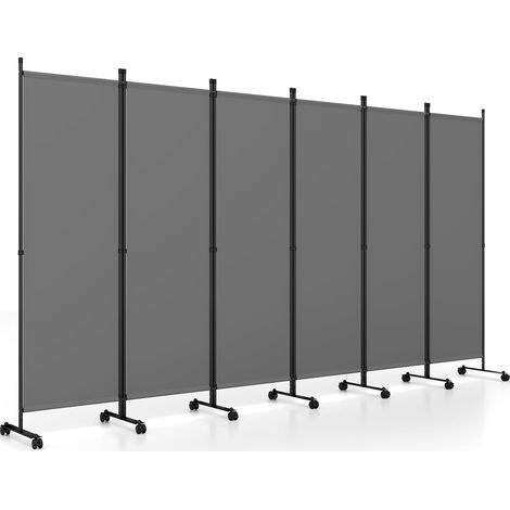 COSTWAY 331,5x173cm Paravent Intérieur 6 Panneaux à 14 roulettes, Cloison de Separation Interieur Pliable, Cadre en Metal, Tissu Polyester, Separateur de Pieces pour Salon Bureau Balcon (Gris) (1/5)