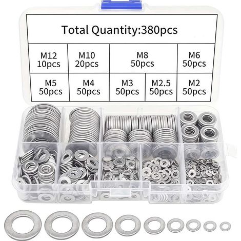 Lot de 380 rondelles en acier inoxydable - Assortiment de rondelles plates M2-M12 - Rondelles de sécurité pour charnières de porte - Joints de vidange d'huile pour réparation hydraulique (1/5)