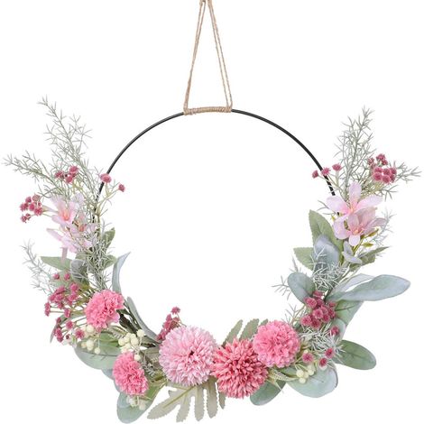 Couronne florale artificielle rose poudré, résistante à la poussière et à l'eau, idéale pour la porte d'entrée. (1/5)