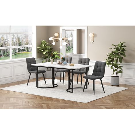 Ensemble repas 5 pièces : table cuisine moderne 140×80cm pieds métal noir, plateau MDF blanc, 4 chaises velours gris foncé.