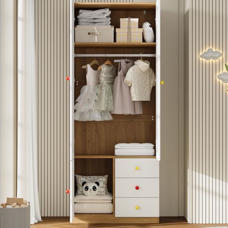 Armoire de chambre enfant 80x45x200 cm, penderie dressing avec 2 portes et 3 tiroirs, meuble de rangement en MDF laqué, Blanc (1/5)
