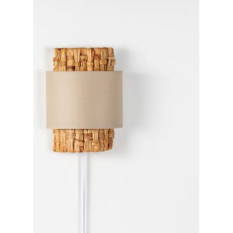 Applique murale rotin et textile beige avec câble et interrupteur 28cm (1/5)