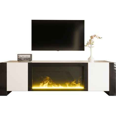 Meuble TV avec Cheminée Électrique Décorative 2 Portes Rangement Push-to-Open Façade Blanc Brillant et Pieds Noirs 165x55x32cm (1/5)