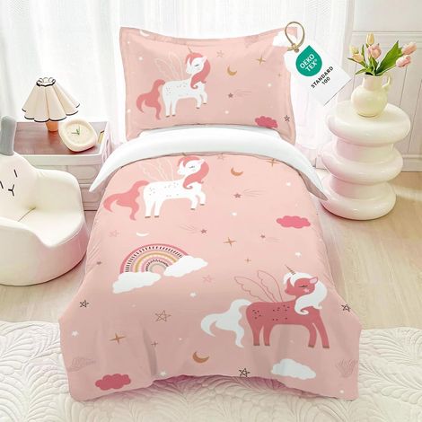 Ensemble de literie 100x135 cm Rose avec motif licorne et taie d'oreiller 40x60 cm